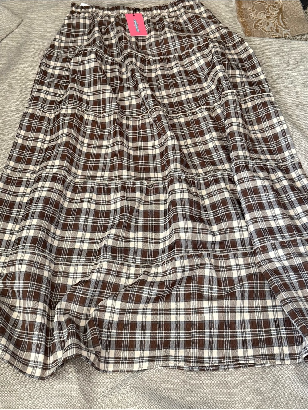 Edikted Brown and Cream Plaid Tiered Maxi Skirt Side Slit